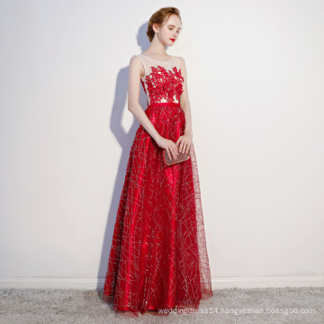 Q023 Wedding Party Dress Sleeveless Sequined Formal Dress Appliqued Lace Red Bridesmaid Dress